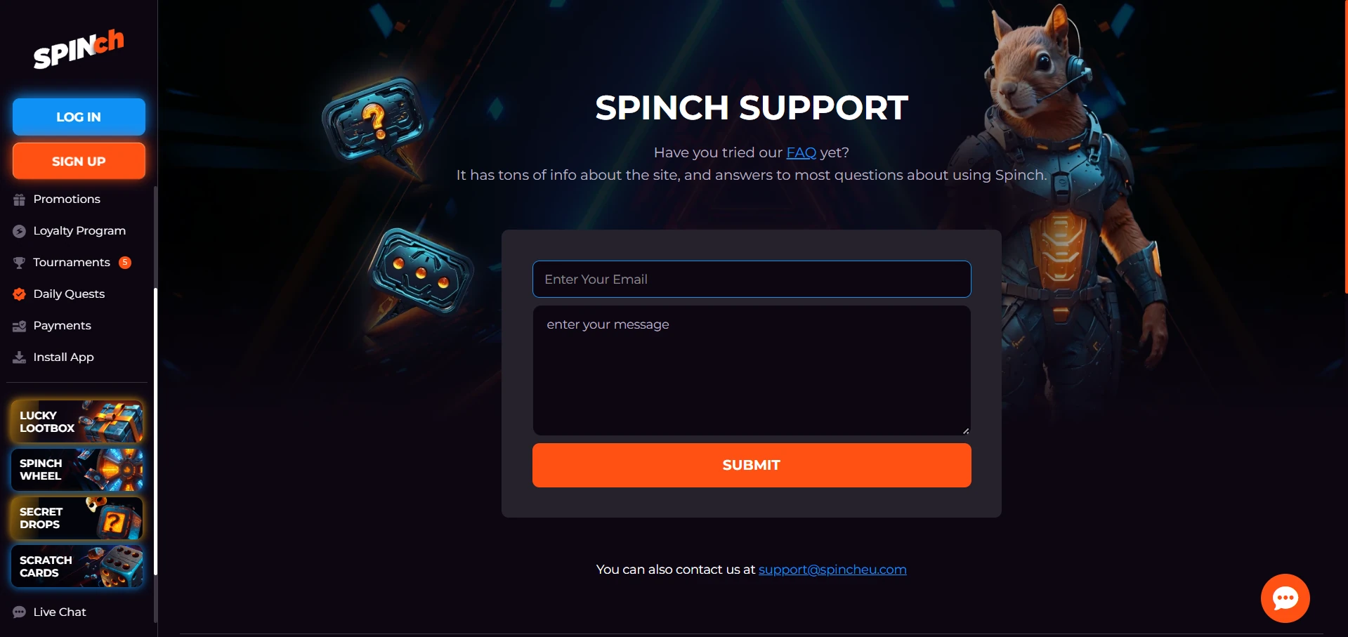 Spinch Casino live chat support window