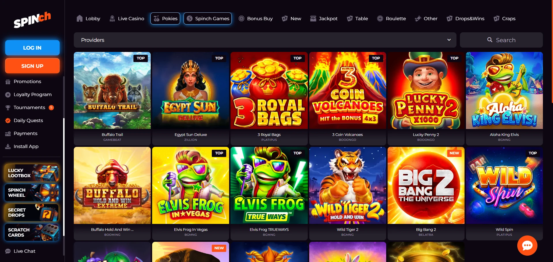 Spinch games lobby with pokies thumbnails