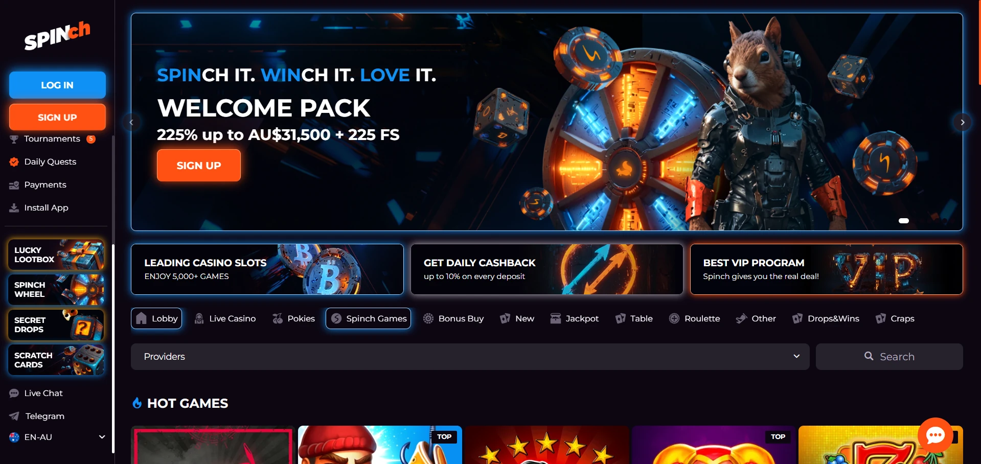 Spinch Casino homepage as seen from Australia