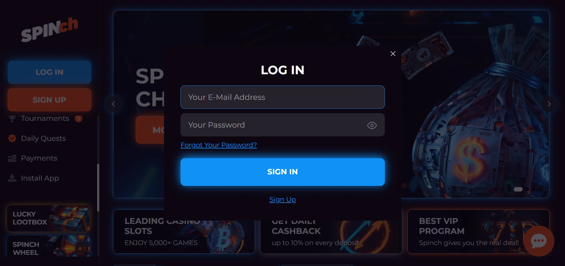 Spinch Casino login form