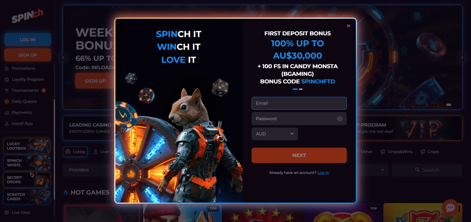 Spinch Casino registration form